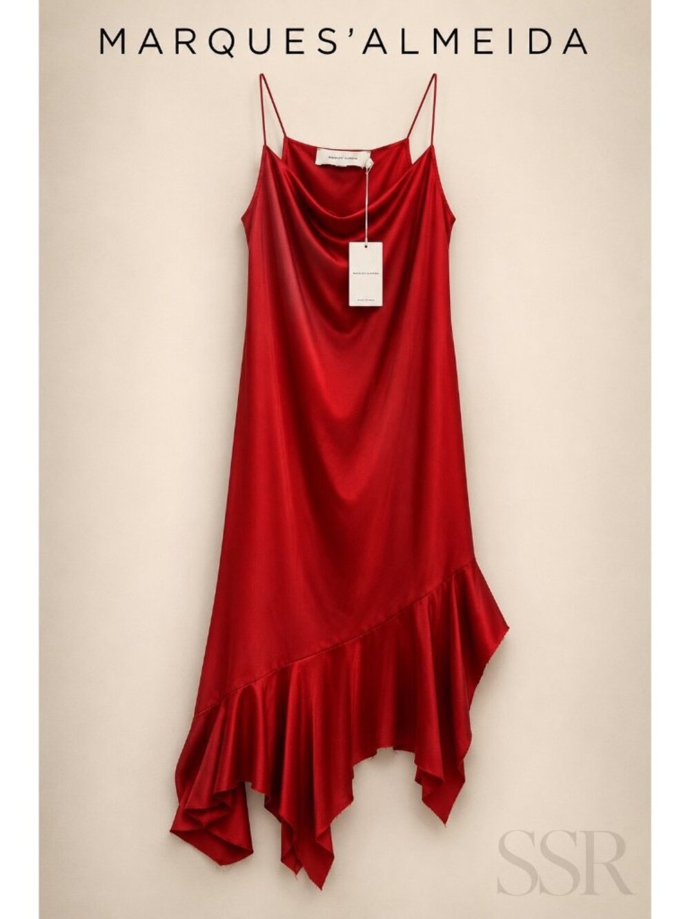 Marques’Almeida Red Silk Crepe Satin Slip Dress S NWT Asymmetric Ruffle Hem